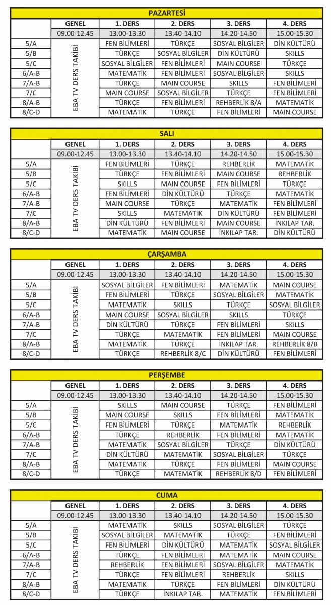 ORTAOKUL - UZAKTAN EĞİTİM DERS PROGRAMI