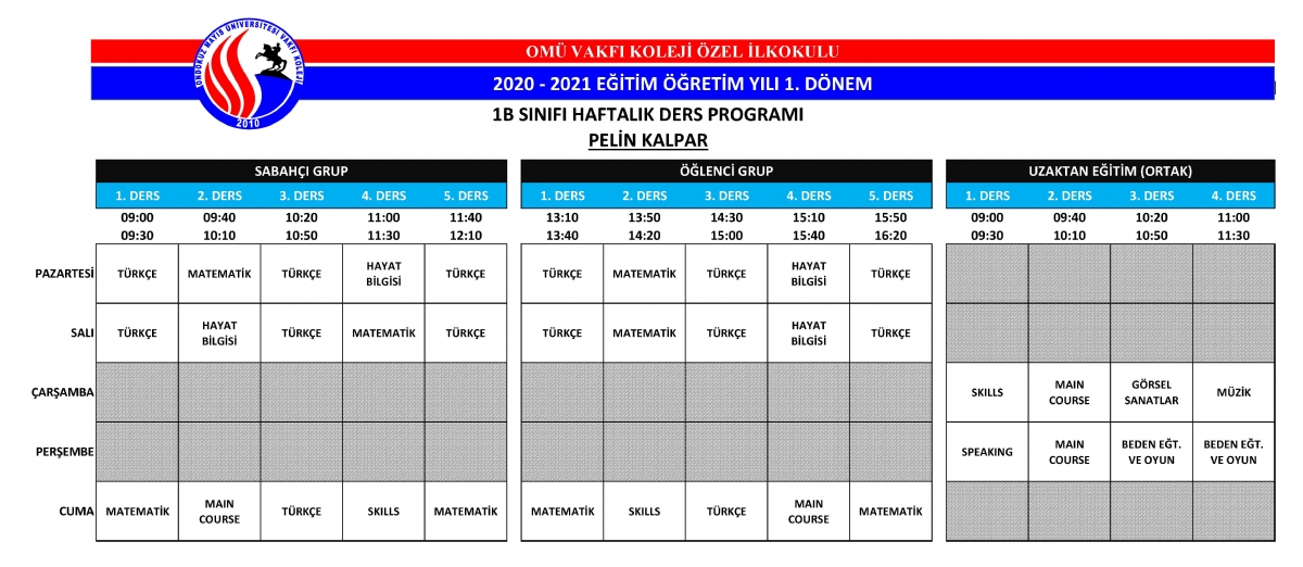 2020 - 2021 Eğitim ve Öğretim Yılı Ders Programı