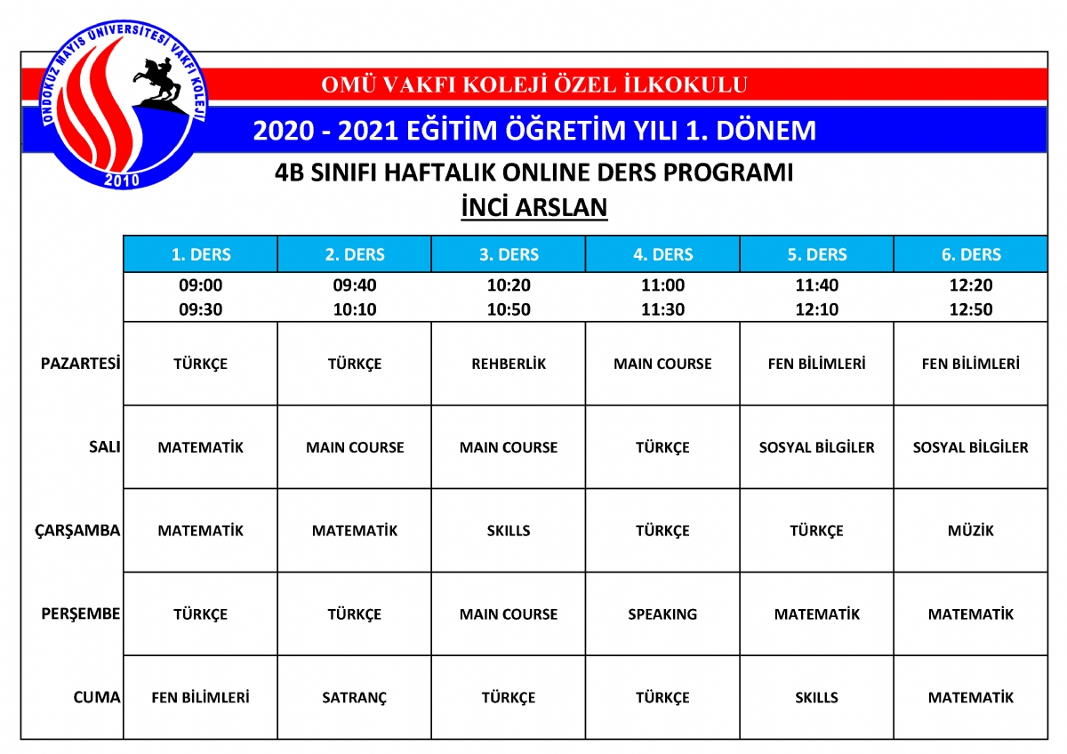 2020 - 2021 Eğitim ve Öğretim Yılı Ders Programı