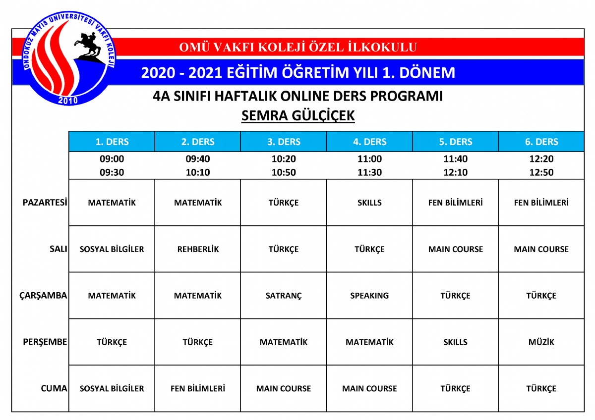 2020 - 2021 Eğitim ve Öğretim Yılı Ders Programı