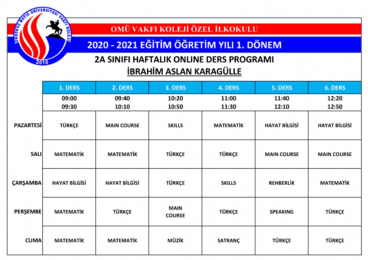 2020 - 2021 Eğitim ve Öğretim Yılı Ders Programı