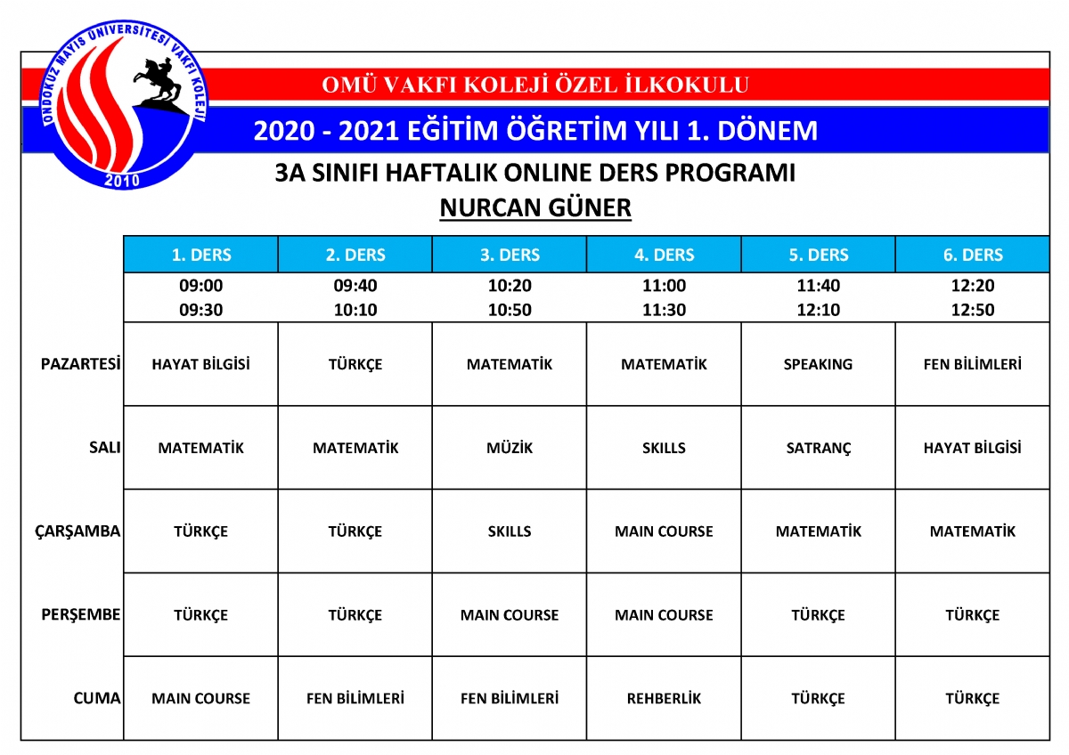 2020 - 2021 Eğitim ve Öğretim Yılı Ders Programı