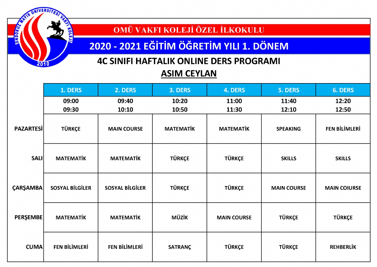 2020 - 2021 Eğitim ve Öğretim Yılı Ders Programı