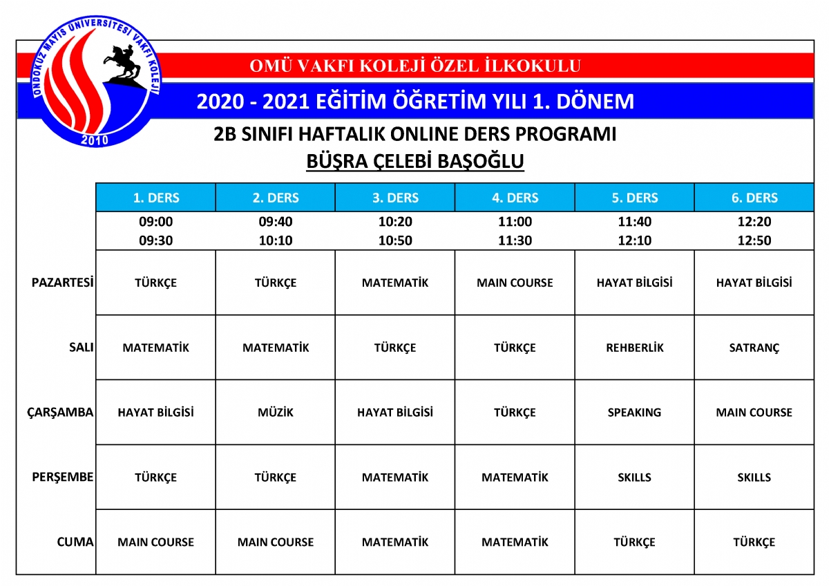 2020 - 2021 Eğitim ve Öğretim Yılı Ders Programı