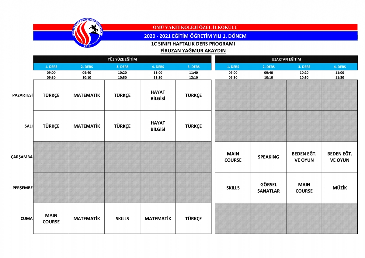 2020 - 2021 Eğitim ve Öğretim Yılı Ders Programı
