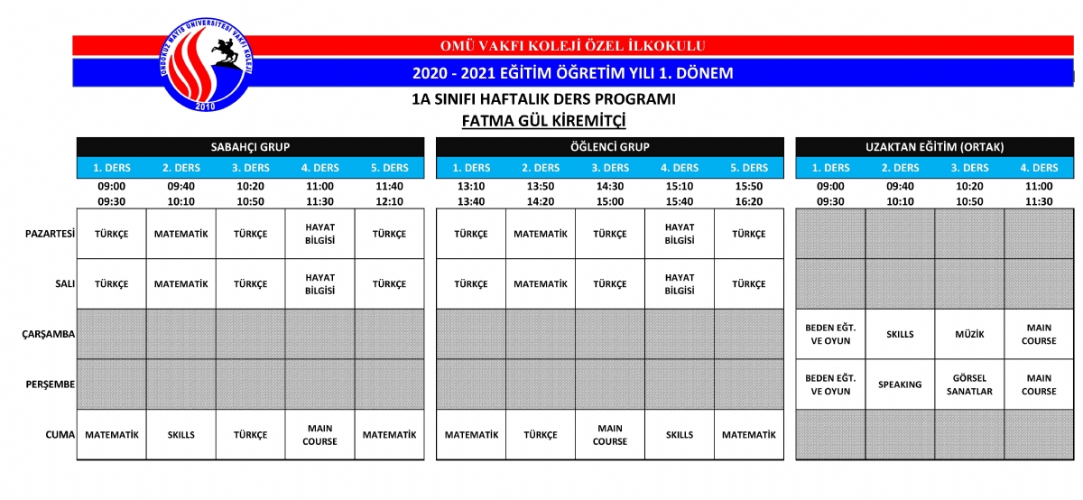 2020 - 2021 Eğitim ve Öğretim Yılı Ders Programı