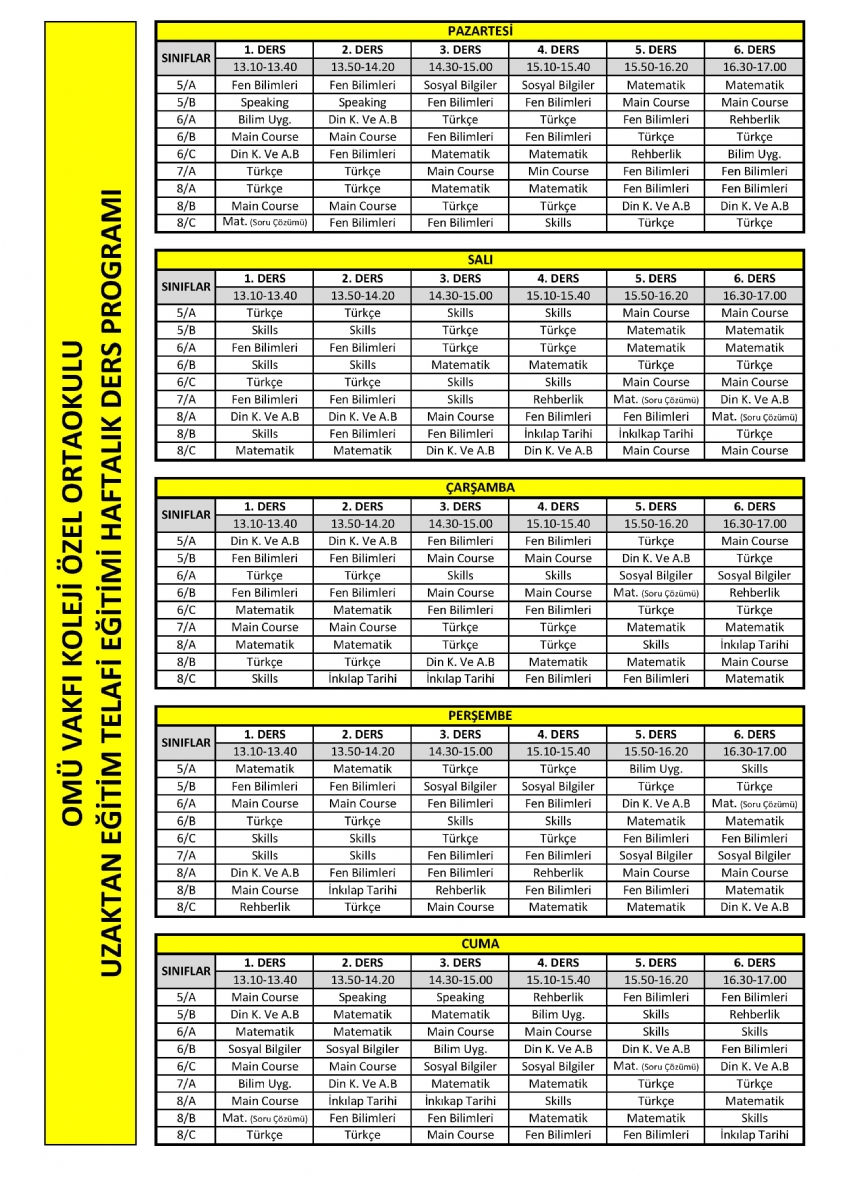 ORTAOKUL - UZAKTAN EĞİTİM DERS PROGRAMI