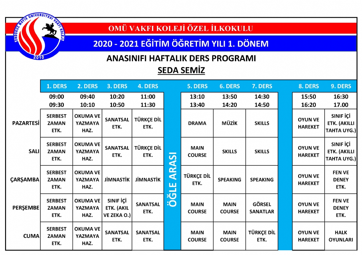 2020 - 2021 Eğitim ve Öğretim Yılı Ders Programı