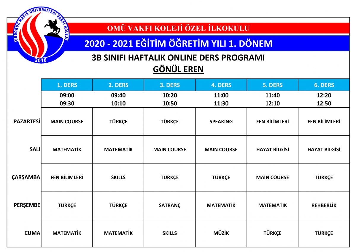 2020 - 2021 Eğitim ve Öğretim Yılı Ders Programı